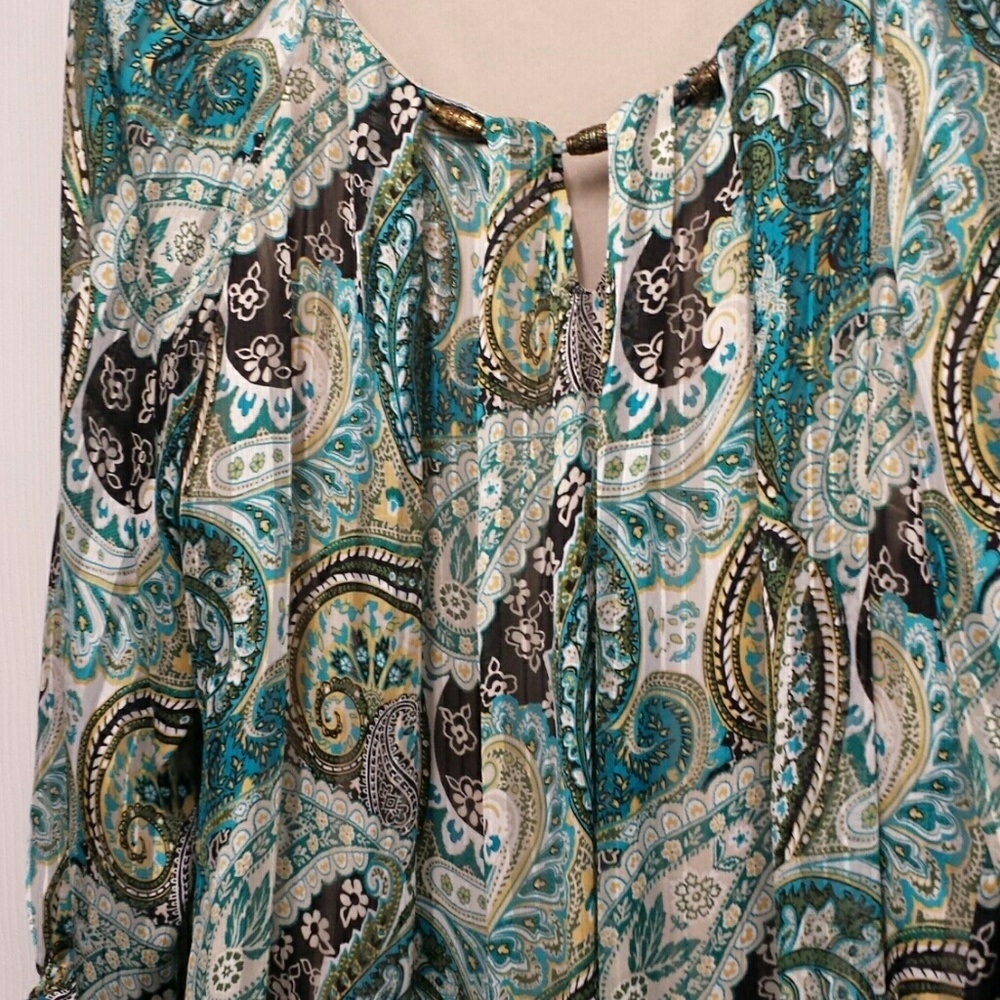 SZ 1X 3/4 length sleeve turquoise print top